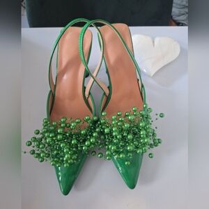 Green Embellished Pointed Toe Slingback Heels